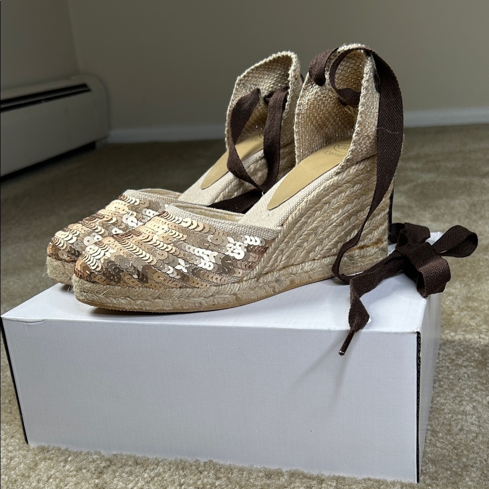 Circa Joan & David Sequined Espadrille Wedges with Brown Laces